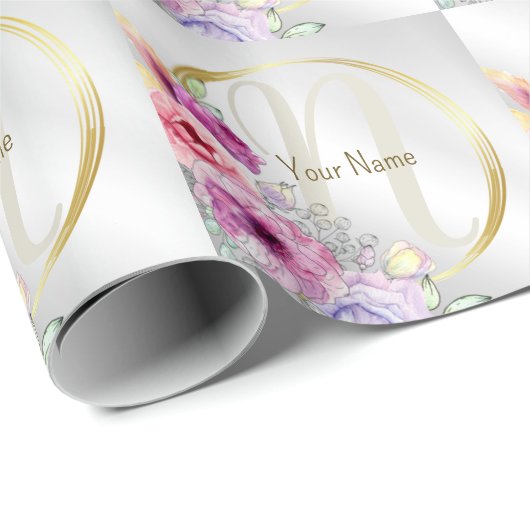 Monogram Naam Kleurrijk Roze Bloemen Gouden Lijst Cadeaupapier (Rol Hoek)