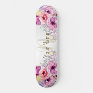 Monogram Naam Kleurrijke Roze Bloemen Zilver Elega Skateboard