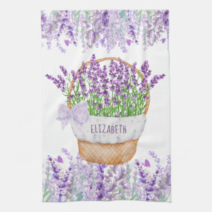 Monogram Naam Lavendel Bloemen Mand Groen Paars Theedoek