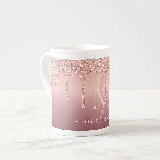 Monogram Naam Letter Roos Gouden Glitter Mok (Voorkant links)