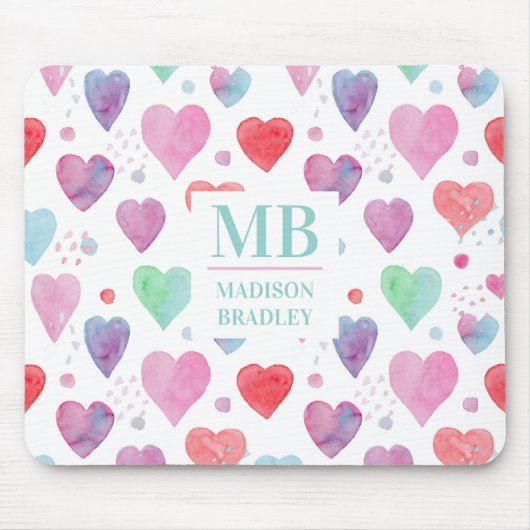 Monogram naam Love Heart Waterverf Girly Pattern Muismat (Voorkant)