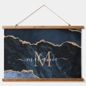 Monogram Naam Marine Blauw Goud Marmeren Tapijt Hangend Wandkleed (Voorkant)