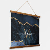 Monogram Naam Marine Blauw Goud Marmeren Tapijt Hangend Wandkleed (Gebogen)
