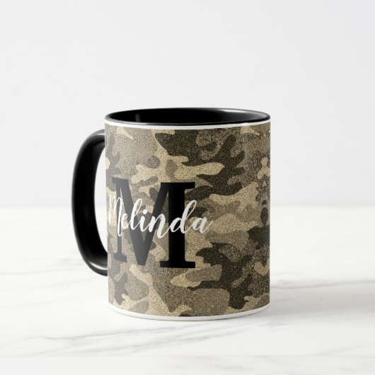 Monogram Naam Militair Camouflage Gold Glitter Mok (Voorkant links)