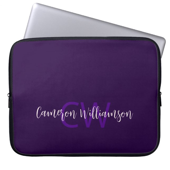 Monogram naam Minimalist Solid Deep Violet Laptop Sleeve (Voorkant)