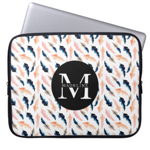 Monogram Naam Modern Cute Natuur Veer Patroon Laptop Sleeve
