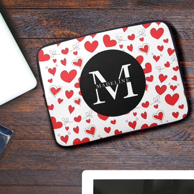 Monogram naam Modern Cute Red Heart Pattern-laptop Laptop Sleeve (Creator heeft geüpload)