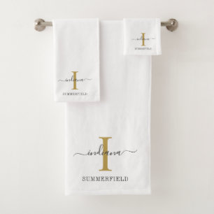 Monogram Naam Modern Minimalist Gold Grey Script Bad Handdoek