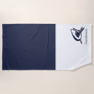 Monogram naam Nautical Shark Navy Blue wit Strandlaken