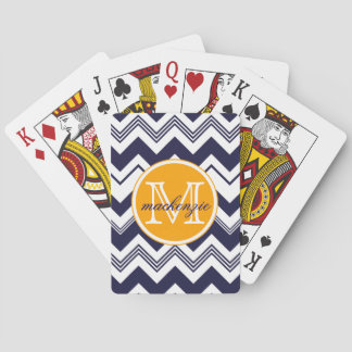 Monogram naam navy blauw wit zigzag patroon pokerkaarten