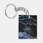 Monogram Naam Navy Blue Gold Marble Sleutelhanger (Voorkant Links)