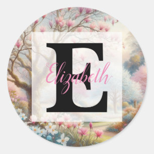 Monogram naam op vintage waterverf bloemrijke park ronde sticker