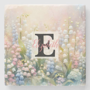 Monogram naam op waterverf Bloemen in pastels Stenen Onderzetter