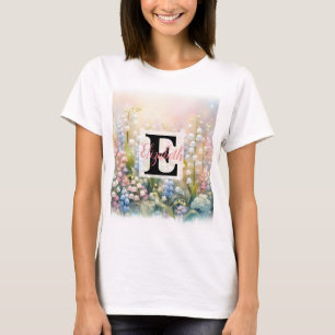 Monogram naam op waterverf Bloemen in pastels T-shirt
