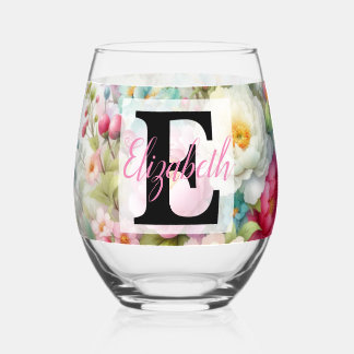 Monogram naam op waterverf Bloemen in pastels Th Wijnglas Zonder Voet