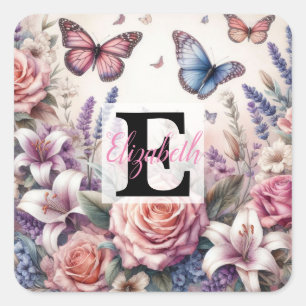 Monogram naam op waterverf Bloemen in pastels Vierkante Sticker