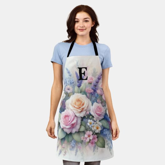 Monogram naam op waterverf Bloemen in pasteltinten Schort (Gedragen)