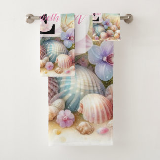 Monogram naam op waterverf Bloemen zee schelpen Bad Handdoek