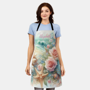 Monogram naam op waterverf Bloemen zee schelpen  Schort