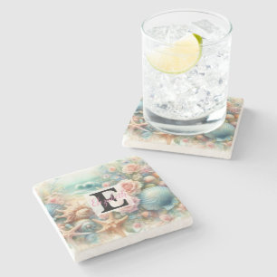 Monogram naam op waterverf Bloemen zee schelpen Stenen Onderzetter
