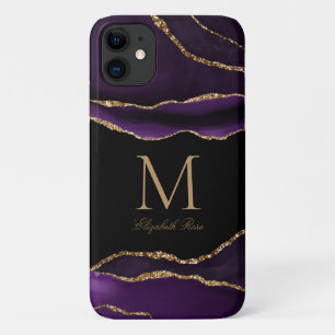 Monogram Naam Paarse Agate Goud Zwart Modern iPhone 11 Hoesje