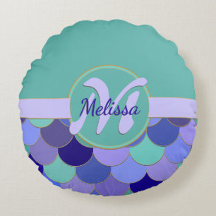 Monogram + Naam Paarse & Aqua Blauwgroen #Mermaid  Rond Kussen