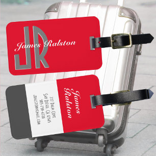 Monogram/naam personaliseren, rood, grijs en wit bagagelabel