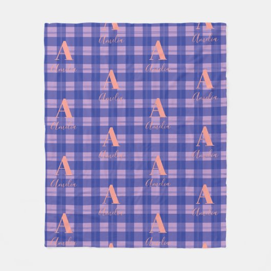 Monogram Naam Plaid Paarse Roze Fleece Deken (Voorkant)