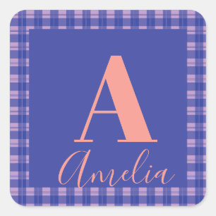 Monogram Naam Plaid Paarse Roze Verjaardagscadeau Vierkante Sticker