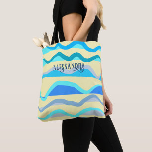Monogram naam retro nautische blauwe gele golven draagtas