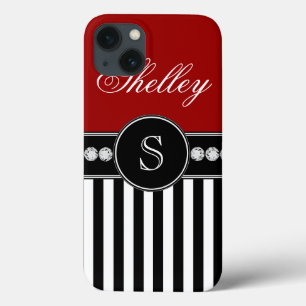 Monogram Naam Rode Zwarte Stripes Patroon iPhone 13 Hoesje