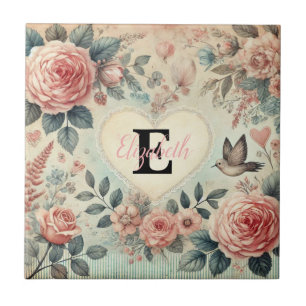 Monogram naam romantische harten roze bloemen tegeltje