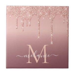 Monogram Naam Roos Gold Blush Glitter Ceramic Tege Tegeltje