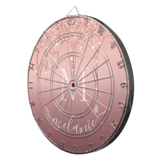 Monogram Naam Roos Gold Blush Glitter Dart Board Dartbord (Voorkant Rechts)