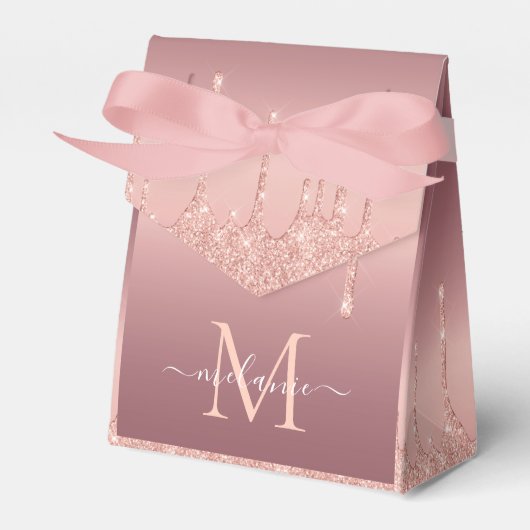 Monogram Naam Roos Gold Blush Glitter Favor Box Bedankdoosjes (Voorkant Zijde)