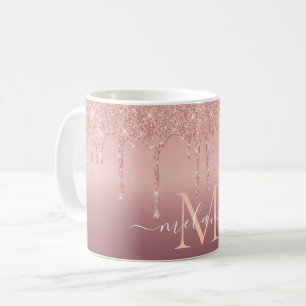 Monogram Naam Roos Gold Blush Glitter Koffie Mok
