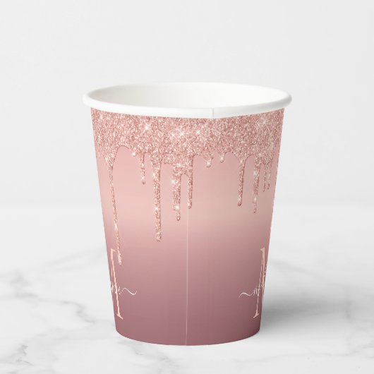 Monogram Naam Roos Gold Blush Glitter Paper Cups Papieren Bekers (Rechts)