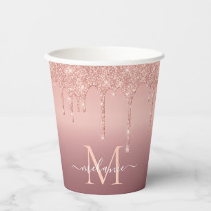 Monogram Naam Roos Gold Blush Glitter Paper Cups Papieren Bekers