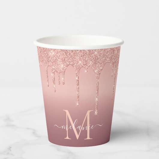 Monogram Naam Roos Gold Blush Glitter Paper Cups Papieren Bekers (Voorkant)
