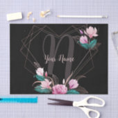 Monogram Naam Roze Bloem Geometrisch Frame Zwart Tissuepapier (Craft)