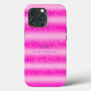 Monogram Naam Roze Blush Glitter Stripes iPhone 13 Pro Hoesje