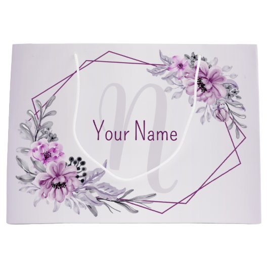 Monogram Naam Roze Floral Violet Paars Lijst Groot Cadeauzakje (Voorkant)