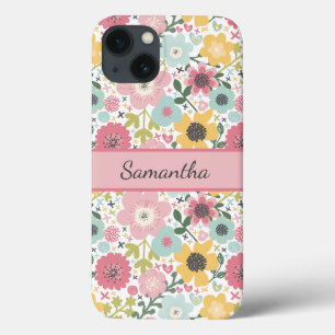 Monogram naam roze geel blauw bloemmotief  iPhone 13 hoesje