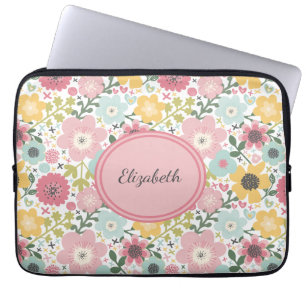 Monogram Naam Roze Geel Blauw Floral Feminine Laptop Sleeve