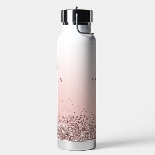Monogram Naam Roze Glitter Stijlvol Monogrammen Waterfles (Links)