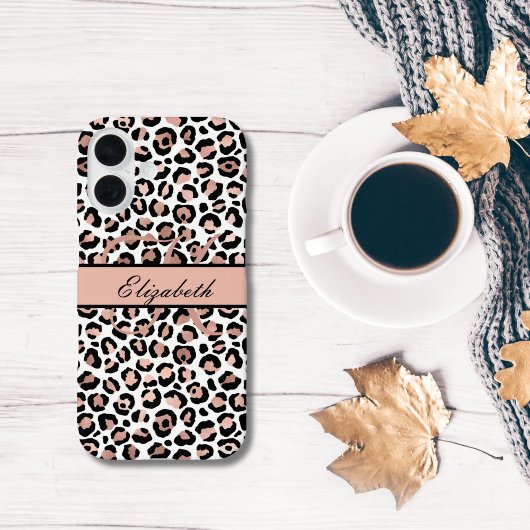 Monogram naam roze goud zwart luipaardprint Case-Mate iPhone case