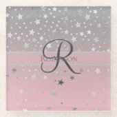 Monogram naam Roze grijze zilversterren Trendy Glazen Onderzetter (Voorkant)