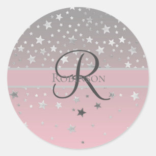 Monogram naam Roze grijze zilversterren Trendy Ronde Sticker