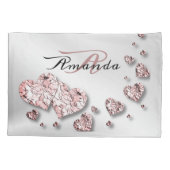 Monogram naam roze perzik glanzende harten geometr kussensloop (Achterkant)