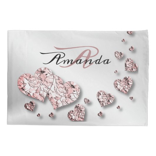 Monogram naam roze perzik glanzende harten geometr kussensloop (Achterkant)